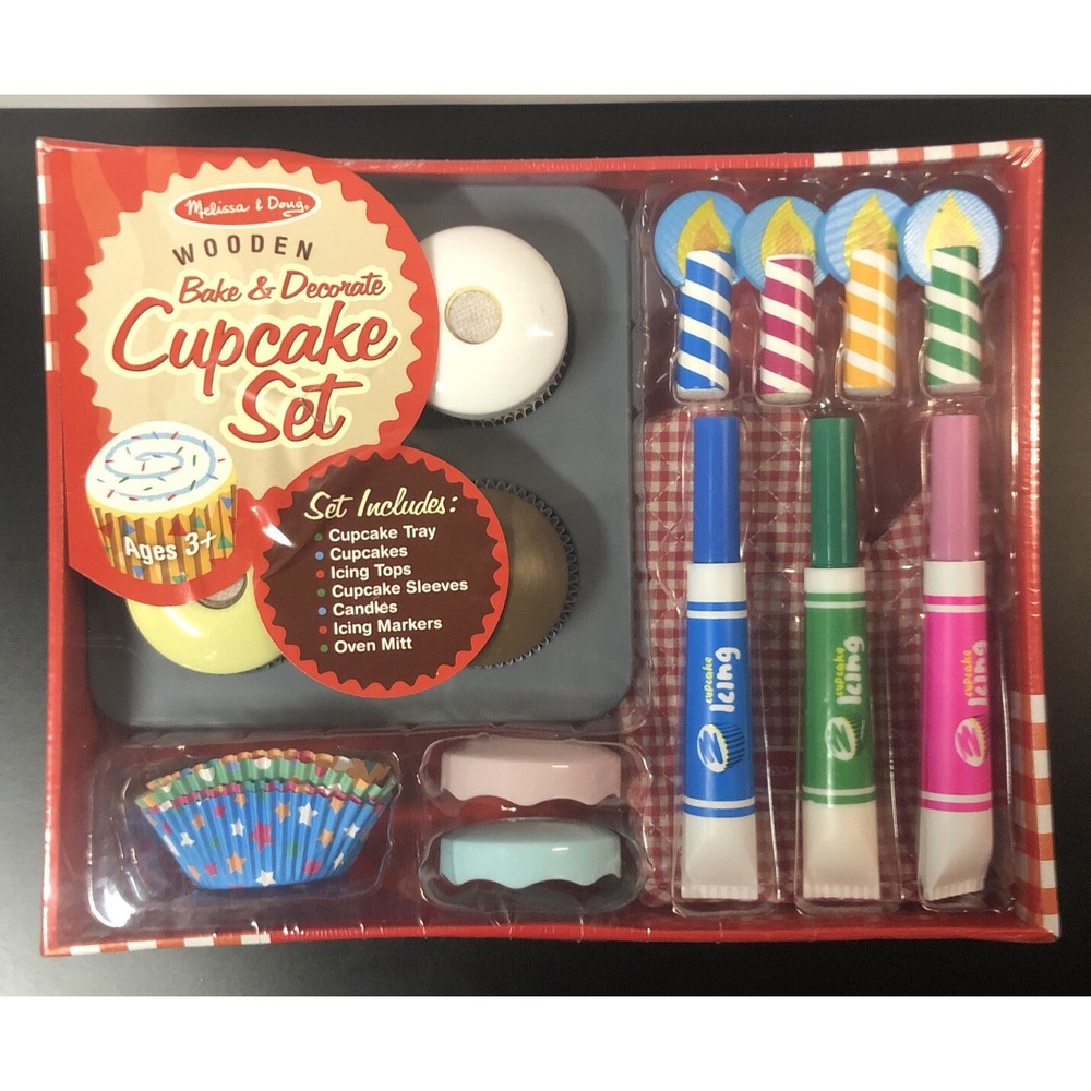 Melissa &‎ Doug Wooden Bake & Decorate Cupcake Set 18pc Play Food Toy 4019 New